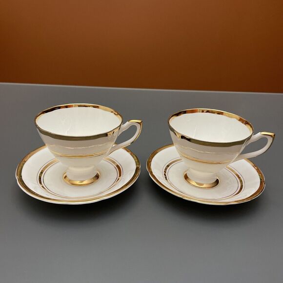 NTG CROWNFORD Bone China Tea Cup & Saucer White Gold Pattern Trim England 2 sets - Picture 1 of 12